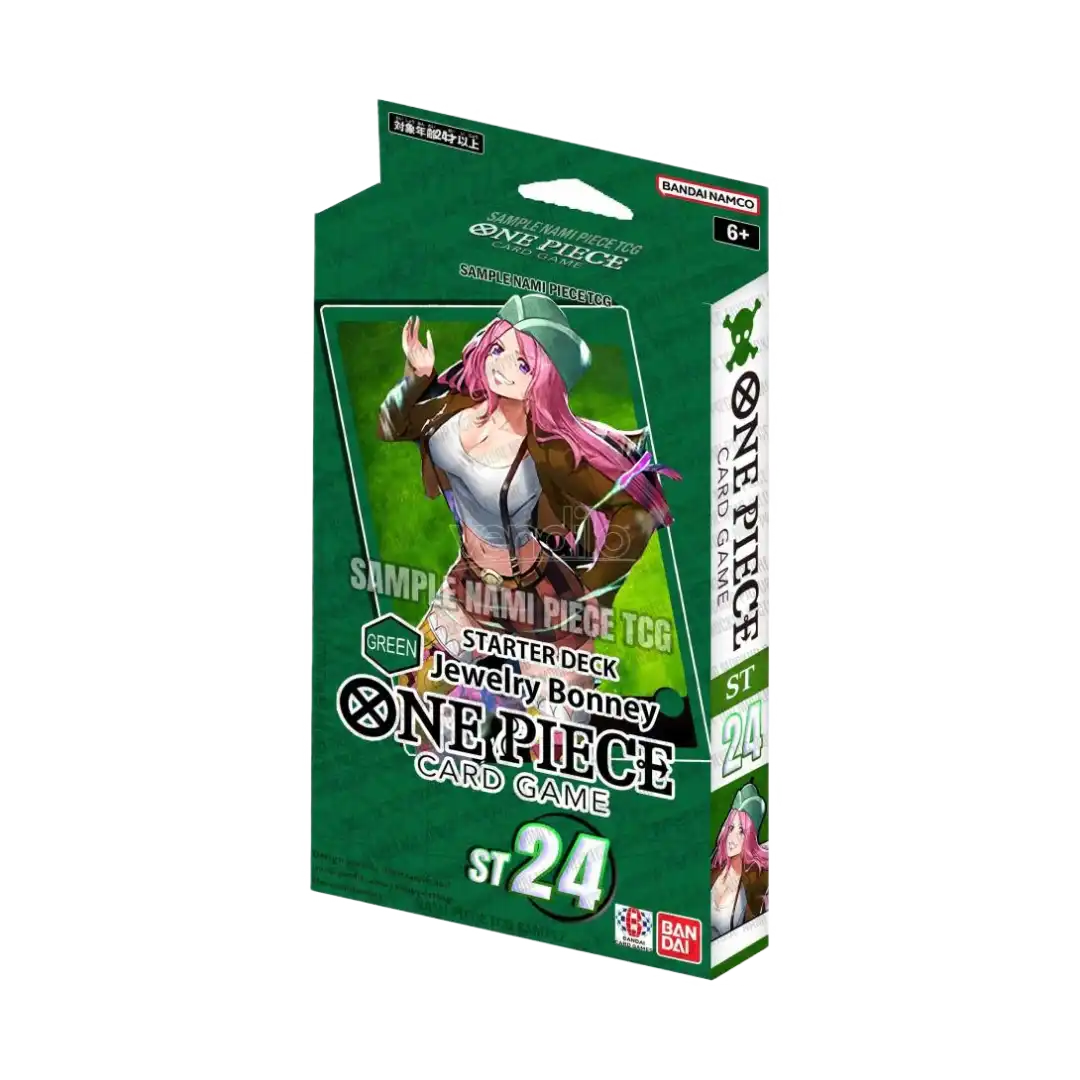 Scatola Starter Deck ST24 Green Jewelry Bonney del gioco di carte One Piece TCG, ideale per strategie difensive e controllo del gioco.