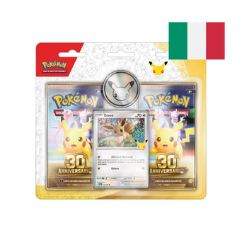 Blister Pokémon 30° Anniversario con 2 buste, carta promo olografica di Eevee e moneta da collezione, edizione italiana