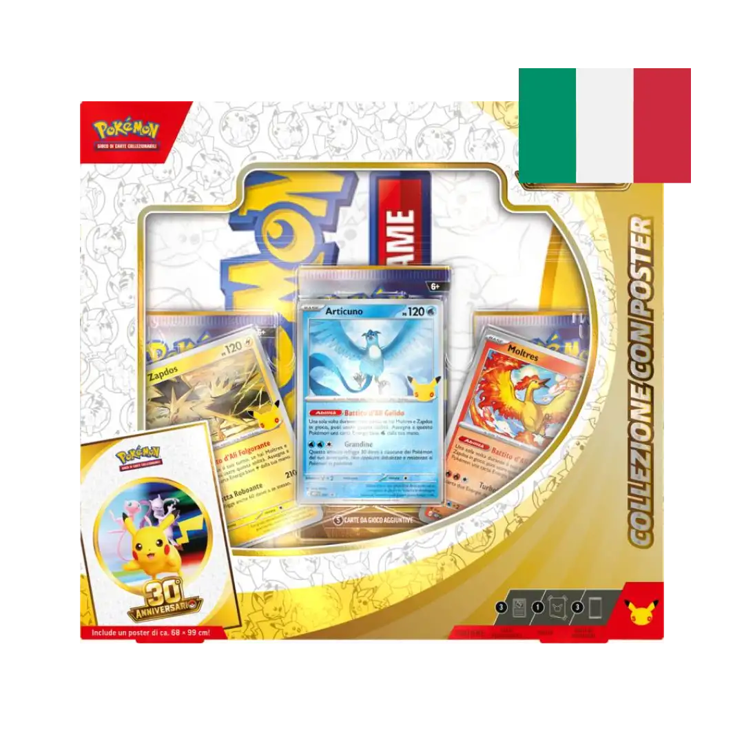 Collezione con Poster Pokémon 30° Anniversario: 3 buste, carte promo di Articuno, Zapdos e Moltres e poster fronte-retro