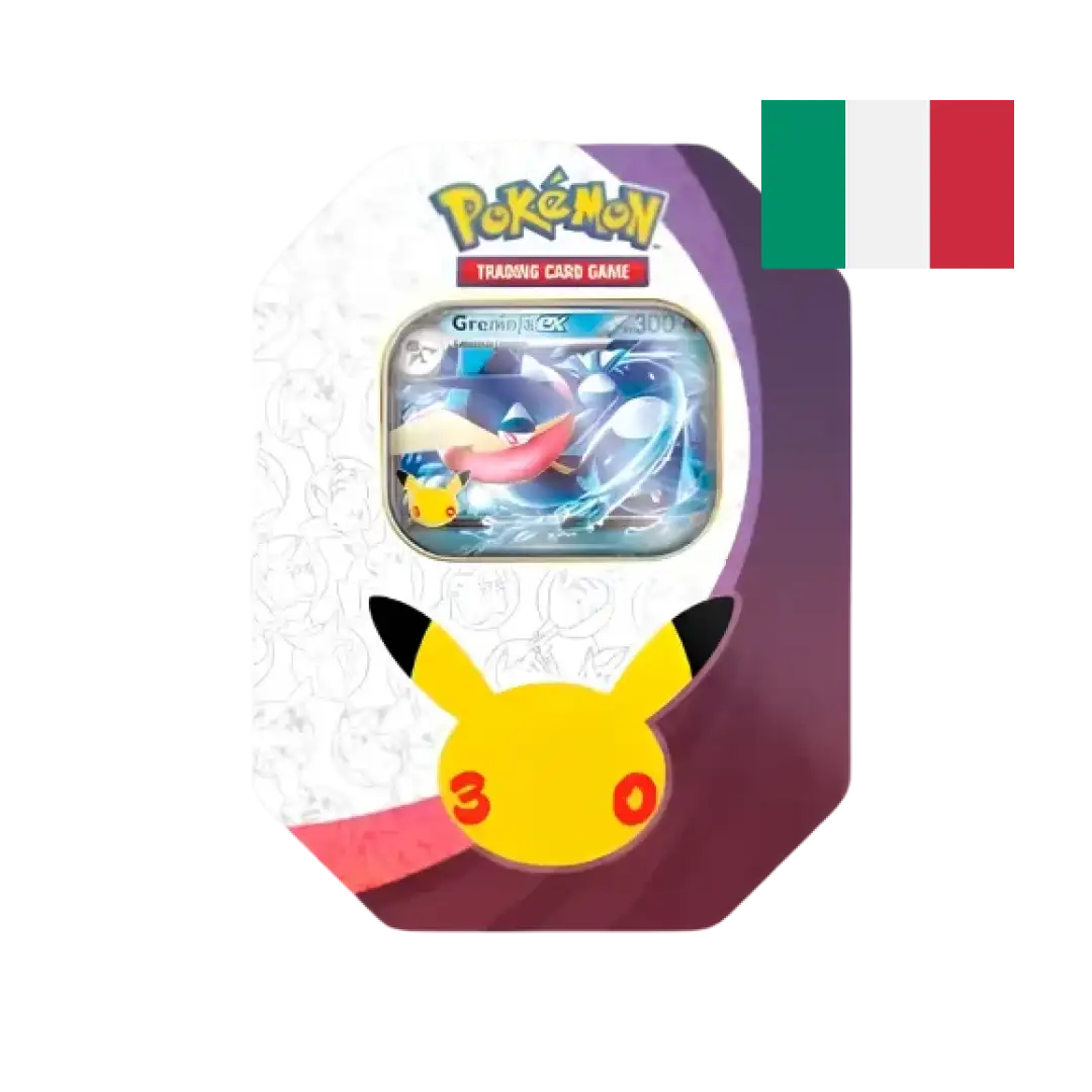 Tin da Collezione Greninja-ex del 30° Anniversario Pokémon: scatola in metallo con 4 buste e carta promo olografica, edizione italiana