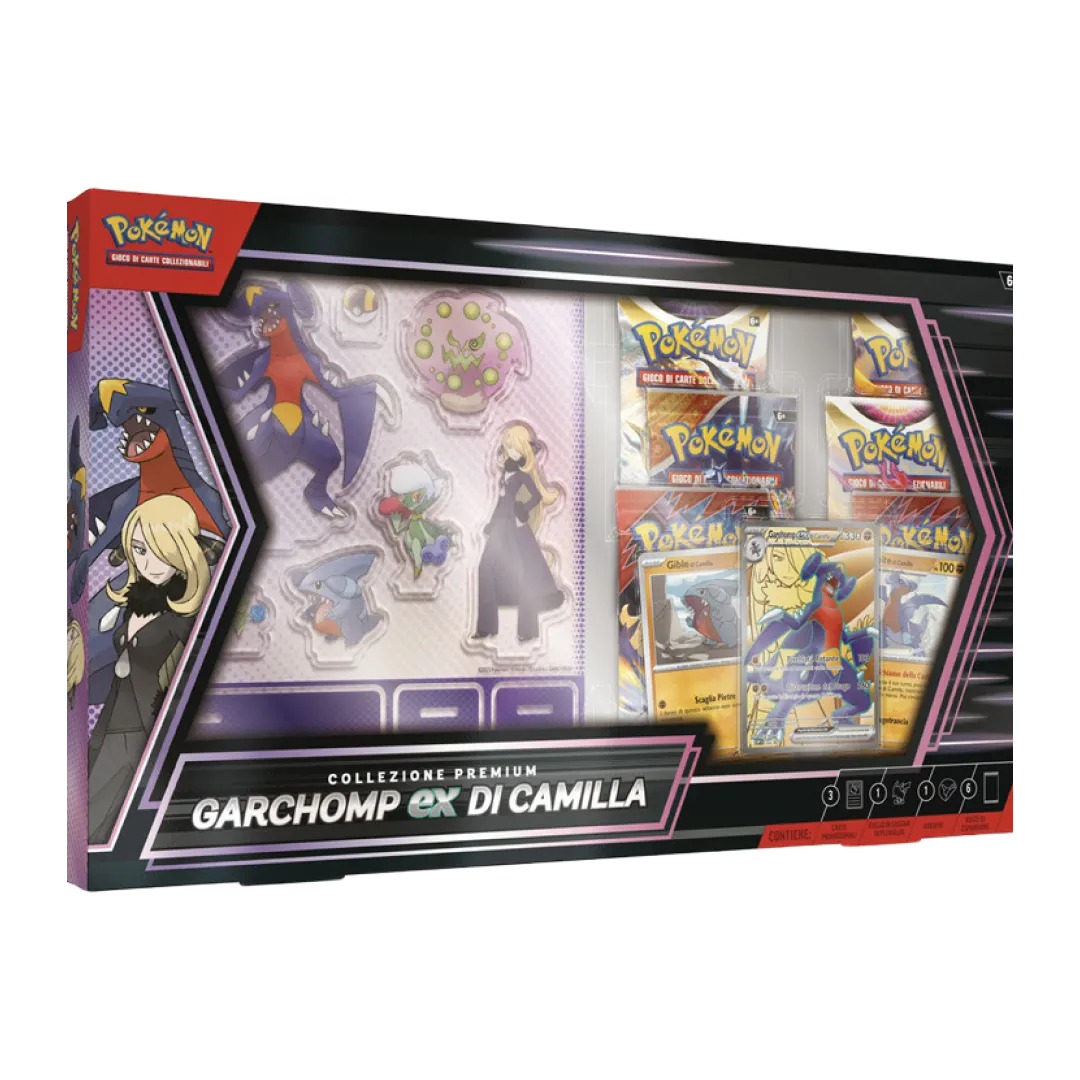Confezione della Collezione Premium Garchomp-EX di Camilla con bustine, carte e sagome