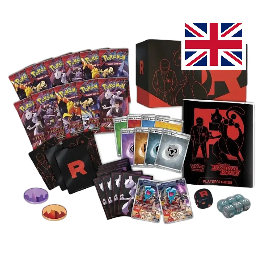 Contenuto completo Pokémon Elite Trainer Box Destined Rivals - 9 buste, bustine protettive, dadi, segnalini e guida - lingua inglese