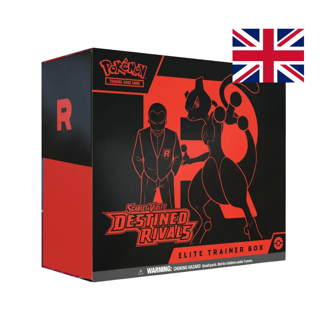 Elite Trainer Box Pokémon Scarlet & Violet Destined Rivals sigillata - artwork nero e rosso con Giovanni e Mewtwo - inglese