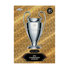Carta trofeo UEFA Champions League 2023-24 Topps Chrome, sfondo dorato, etichetta One-of-One.