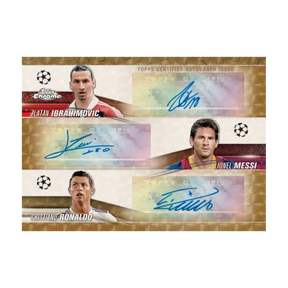Carte autografate Topps Chrome 2023-24 UEFA con Ibrahimovic, Messi, Ronaldo, sfondo dorato.