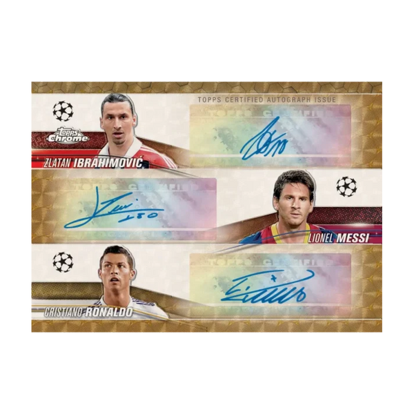 Carte autografate Topps Chrome 2023-24 UEFA con Ibrahimovic, Messi, Ronaldo, sfondo dorato.