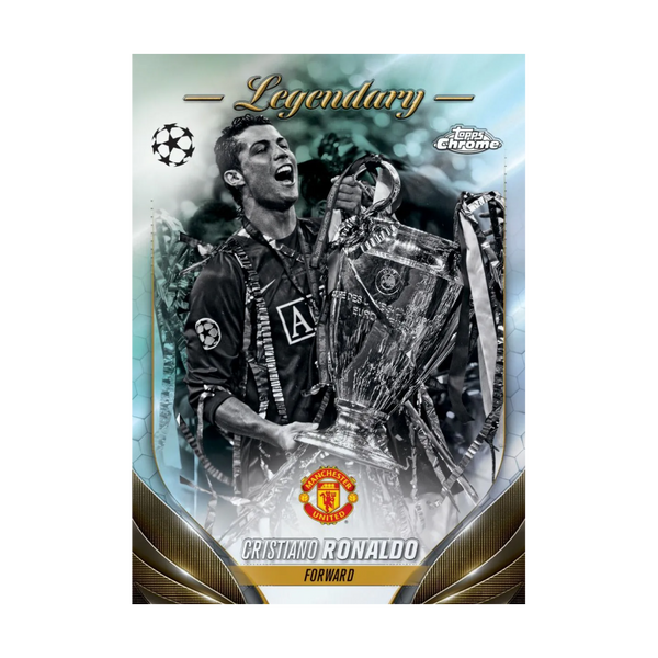 Trading card of Cristiano Ronaldo holding a UEFA Champions League trophy, labeled 'Legendary' with Manchester United crest.