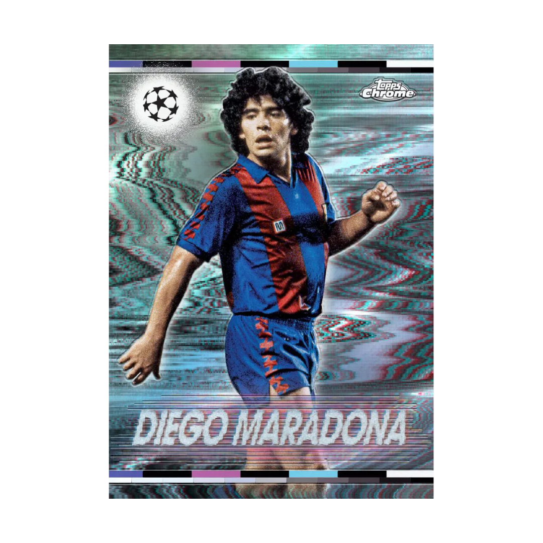 Trading card of Diego Maradona in a Barcelona jersey, with a retro design background and Champions League logo.