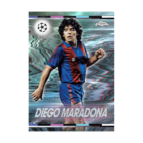 Trading card of Diego Maradona in a Barcelona jersey, with a retro design background and Champions League logo.