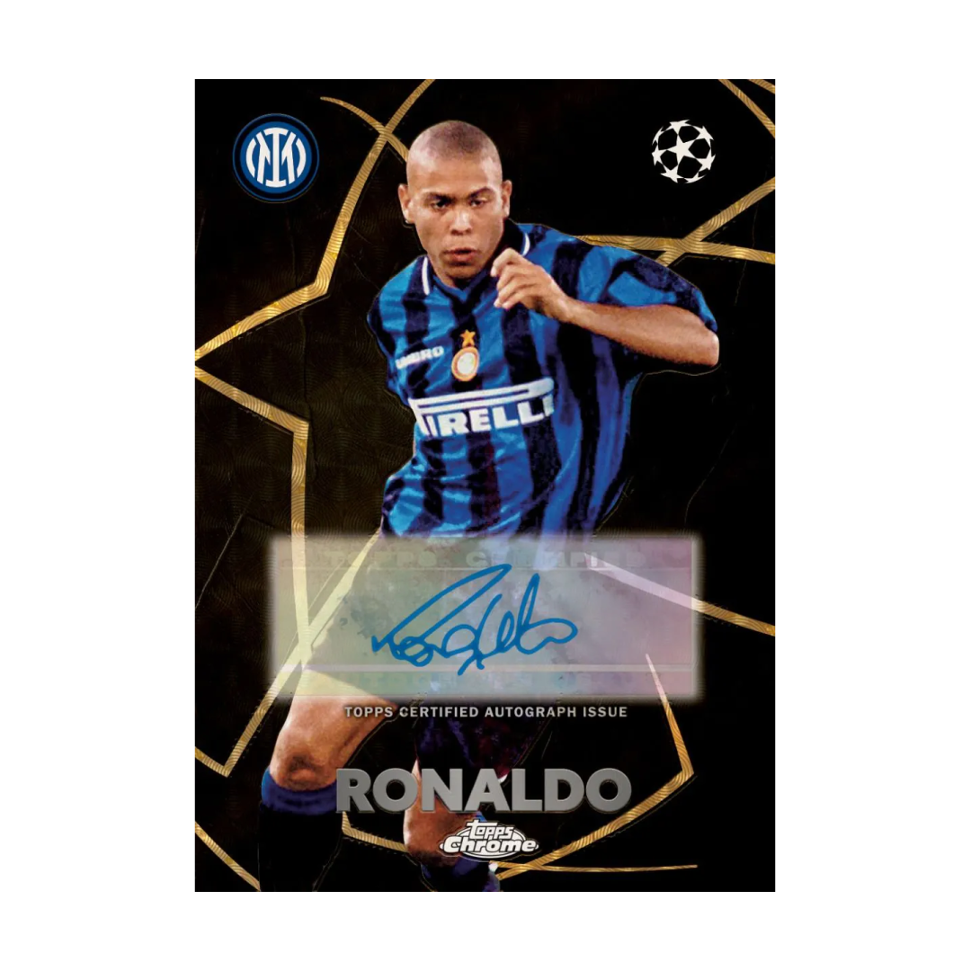 Autographed trading card of Ronaldo Nazário in an Inter Milan jersey, featuring the Inter Milan logo and Champions League logo.