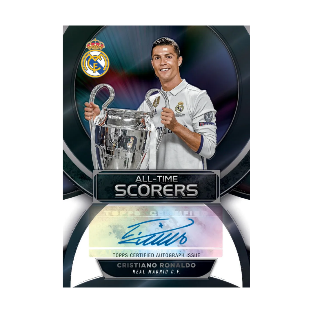 Autographed trading card of Cristiano Ronaldo holding a UEFA Champions League trophy, labeled 'All-Time Scorers' with Real Madrid crest.