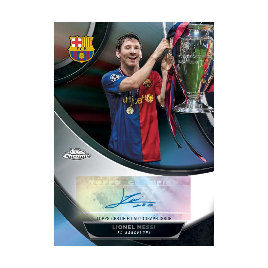 Autographed trading card of Lionel Messi holding a UEFA Champions League trophy in a Barcelona jersey, with Barcelona crest.