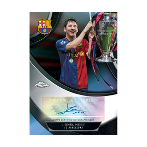 Autographed trading card of Lionel Messi holding a UEFA Champions League trophy in a Barcelona jersey, with Barcelona crest.