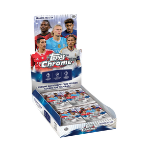 Display box for 2023-24 Topps Chrome UEFA Club Competitions trading cards, featuring images of various football players including Cristiano Ronaldo, Erling Haaland, and Lionel Messi.
