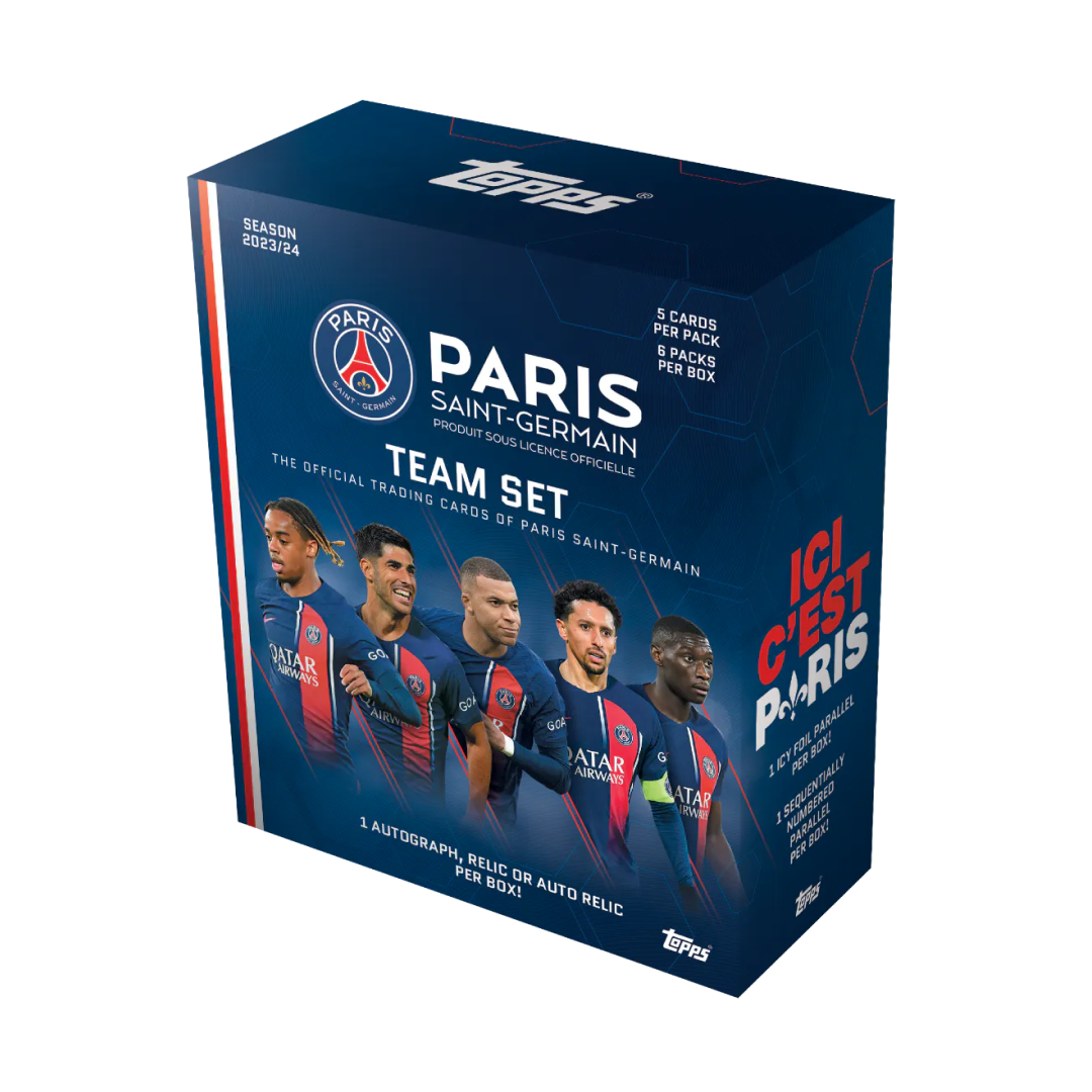 Confezione Team Set 2023/24 del Paris Saint-Germain di Topps, con 5 carte per pacco e 6 pacchi per box