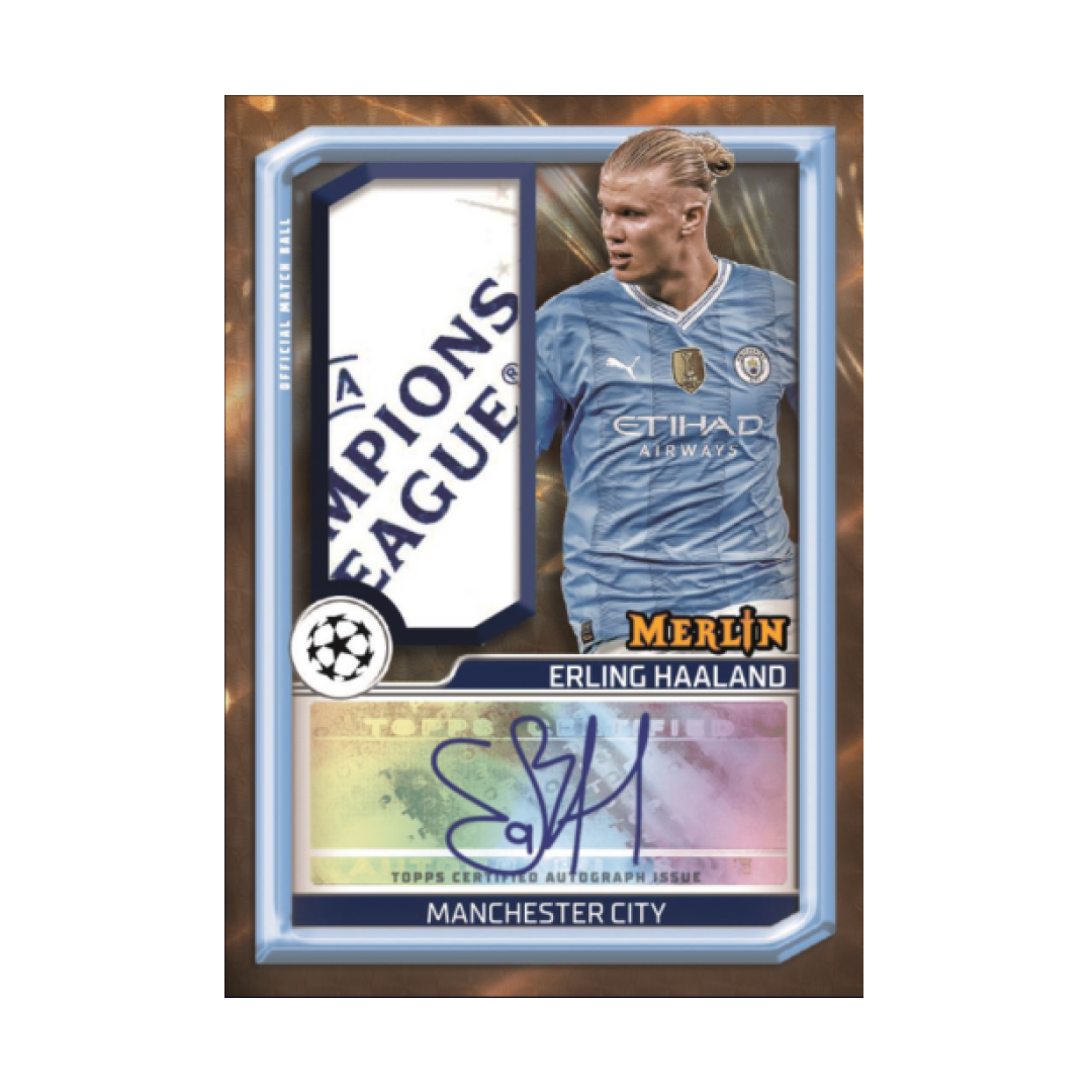 Carta Chrome Merlin di Erling Haaland con autografo, in divisa del Manchester City, ed elementi della Champions League