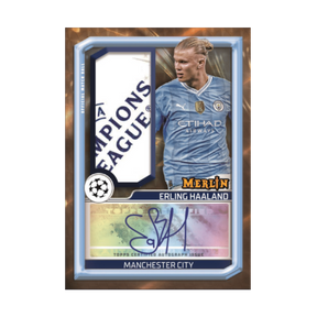 Carta Chrome Merlin di Erling Haaland con autografo, in divisa del Manchester City, ed elementi della Champions League