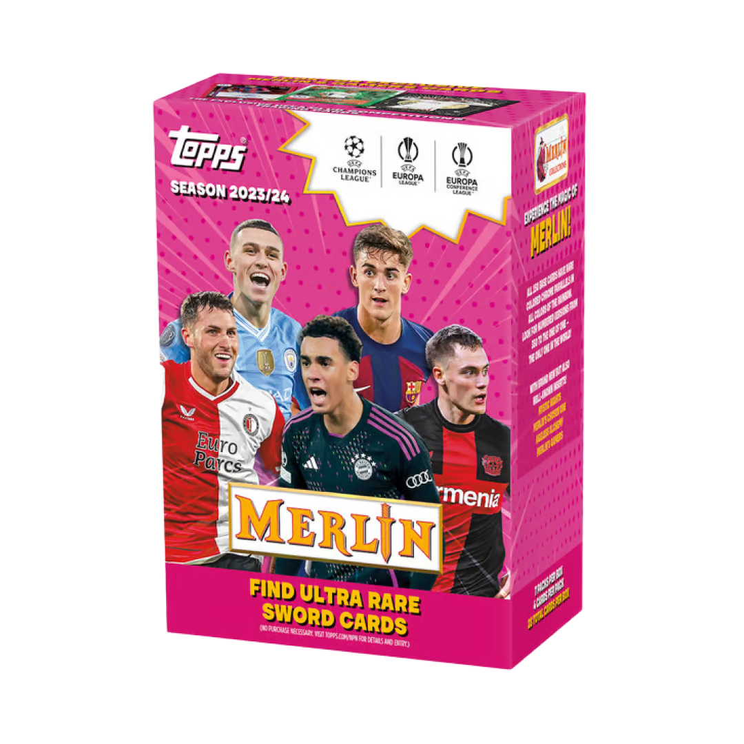 Confezione della Value Box Merlin 2023/24 con immagini di giocatori di calcio e il richiamo alle Sword Cards