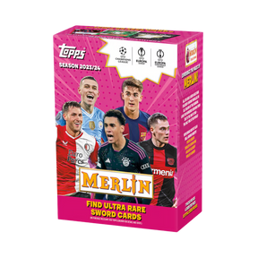 Confezione della Value Box Merlin 2023/24 con immagini di giocatori di calcio e il richiamo alle Sword Cards