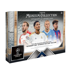 Scatola Topps Museum Collection UCL 2023/24 con carte da collezione autografate e memorabilia.