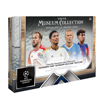 Scatola Topps Museum Collection UCL 2023/24 con carte da collezione autografate e memorabilia.