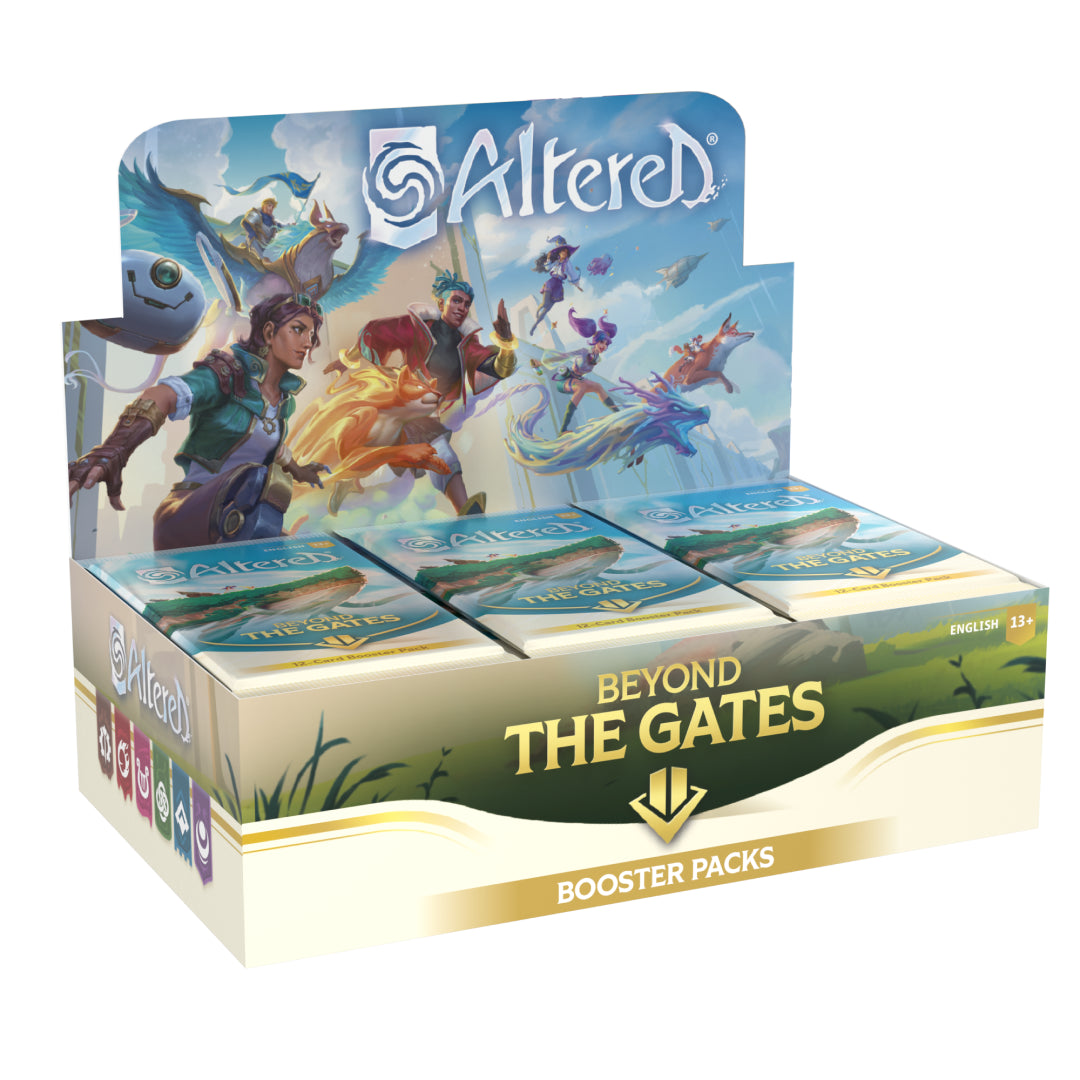 Box Altered TCG Beyond the Gates in inglese con 36 buste, vista angolata. Carte collezionabili da gioco con personaggi fantasy in un'esclusiva confezione di booster packs.