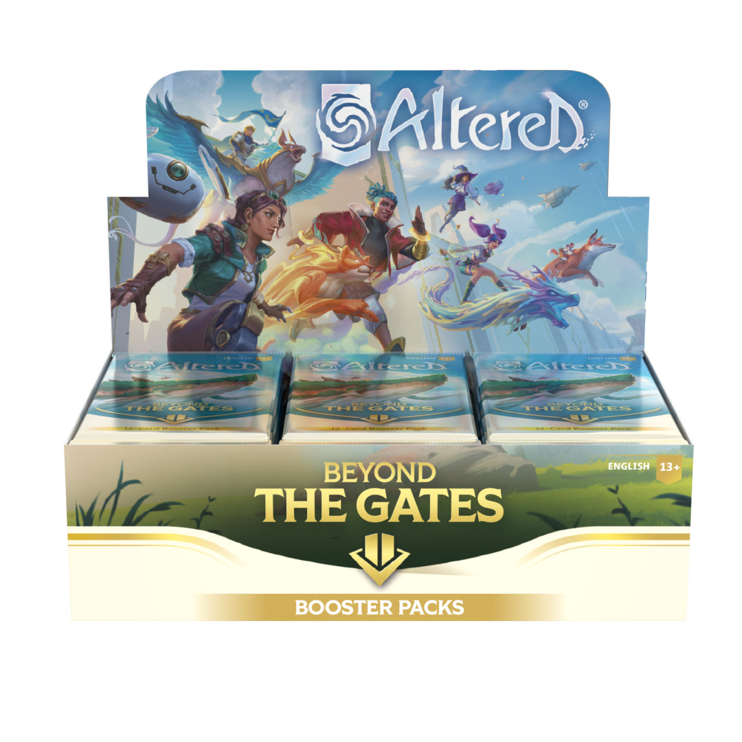 Box da 36 buste Altered TCG Beyond the Gates in inglese, vista frontale. Booster packs di carte collezionabili per gioco di carte Altered TCG, confezione con illustrazioni fantasy di personaggi e creature.