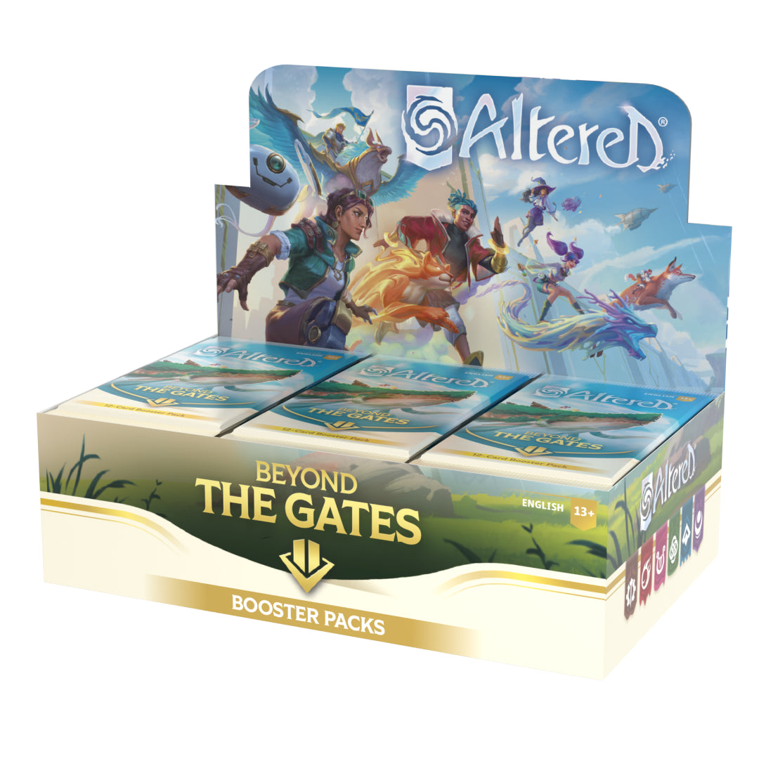 Box Altered TCG Beyond the Gates da 36 buste in inglese, vista laterale. Booster packs di carte da gioco collezionabili per Altered TCG, con artwork dettagliato di eroi e creature fantasy.