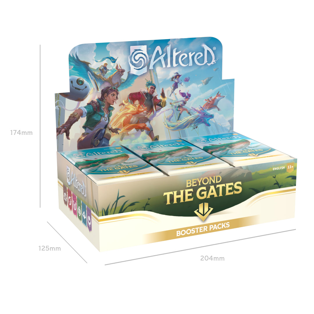 Altered TCG Beyond the Gates box da 36 buste in inglese, misure 174mm x 125mm x 204mm. Confezione booster packs di carte da gioco collezionabili con design fantasy.