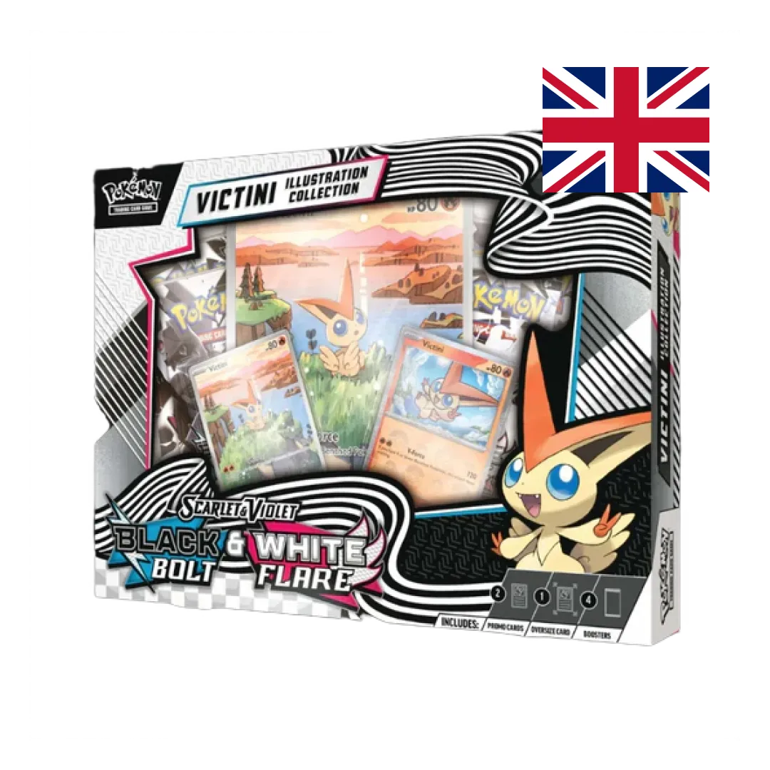 Pokémon TCG Scarlet & Violet—Black Bolt & White Flare Victini Illustration Collection (EN), front of box with promos, jumbo card, and boosters.