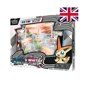 Pokémon TCG Scarlet & Violet—Black Bolt & White Flare Victini Illustration Collection (EN), front of box with promos, jumbo card, and boosters.