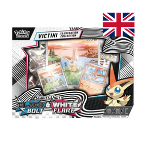 Close-up front view of Pokémon TCG Scarlet & Violet—Black Bolt & White Flare Victini Illustration Collection (EN) packaging with Victini promos and oversize card.