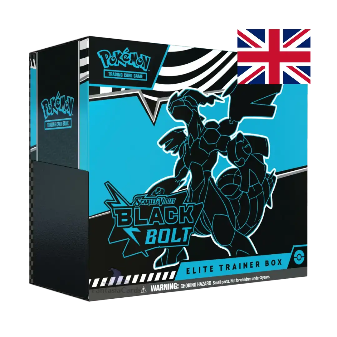 L'Elite Trainer Box Black Bolt presenta il maestoso Zekrom in una spettacolare silhouette elettrica su sfondo azzurro e nero. Il design dinamico cattura l'essenza del Pokémon Drago/Elettro leggendario, mentre il logo Scarlett & Violet domina la parte superiore della confezione. La grafica moderna e i colori contrastanti rendono questa elite trainer box un pezzo da collezione visivamente impressionante.
