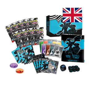Tutti i tesori contenuti nell'Elite Trainer Box Black Bolt esposti in tutta la loro gloria: 9 bustine dell'espansione Black Bolt, carte Energia base multicolore, dadi segnadanni, bustine protettive con design Zekrom, la carta promozionale olografica e la guida giocatore. Un arsenale completo per dominare ogni battaglia Pokémon.