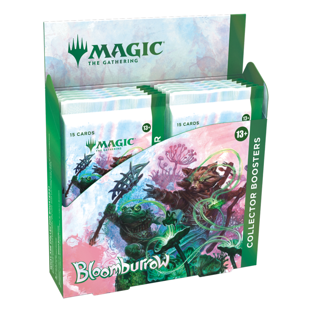 The Gathering Bloomburrow Collector Booster Display with 15 cards per pack and colorful artwork.