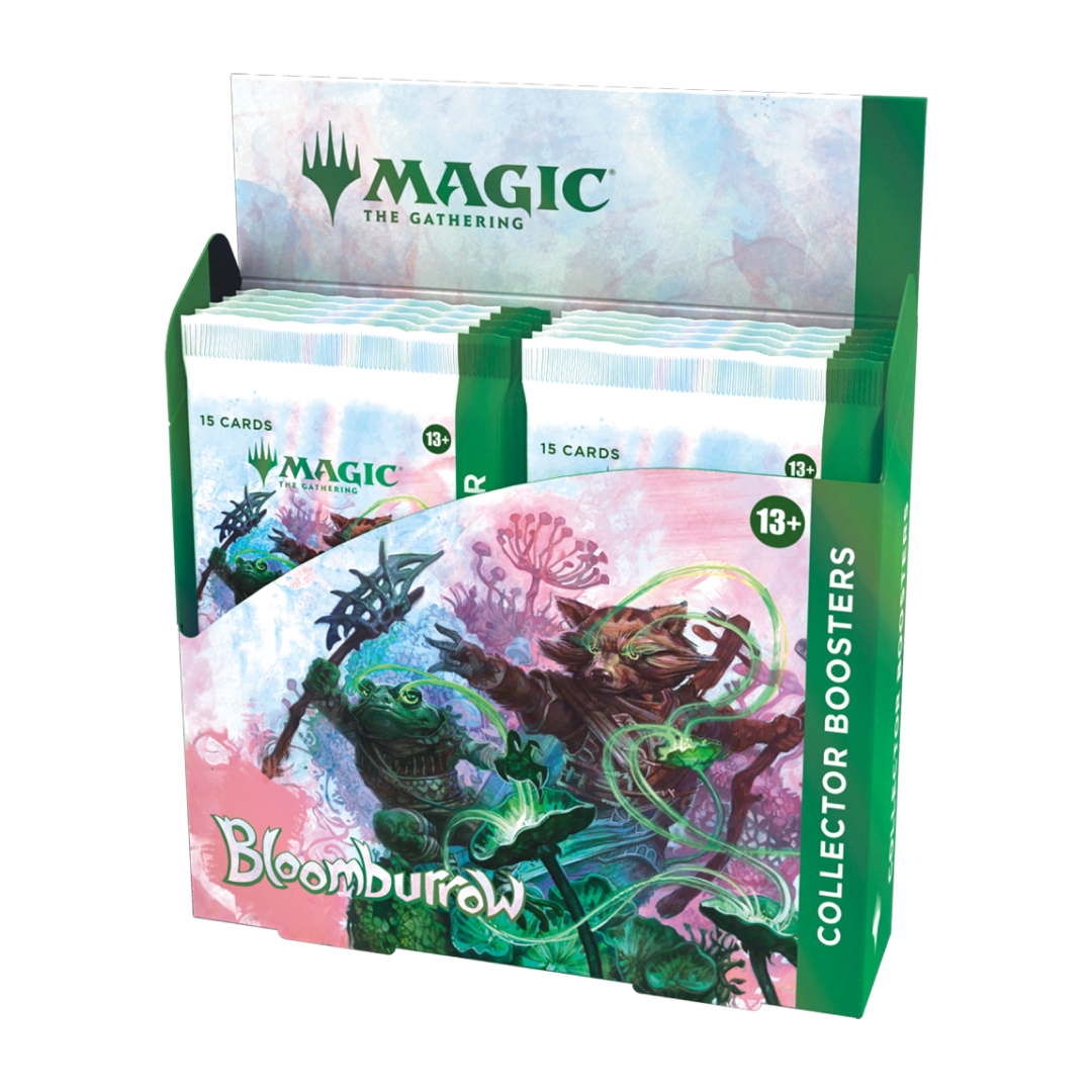 Angled view of Magic: The Gathering Bloomburrow Collector Booster Display with vibrant illustrations.