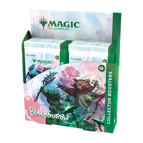 Angled view of Magic: The Gathering Bloomburrow Collector Booster Display with vibrant illustrations.
