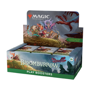 Angled view of the Magic: The Gathering Bloomburrow Play Booster Display, emphasizing the vibrant illustrations and guaranteed foil in every pack.