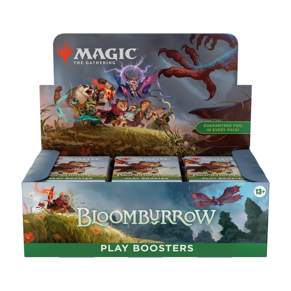 Magic: The Gathering Bloomburrow Play Booster Display showcasing multiple booster packs with colorful artwork.