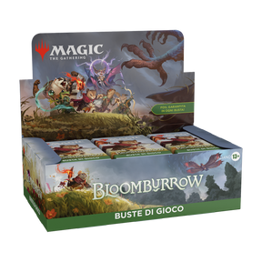 Scatola di booster BloomBurrow per Magic: The Gathering, mostra diversi pacchetti pronti per l'apertura.