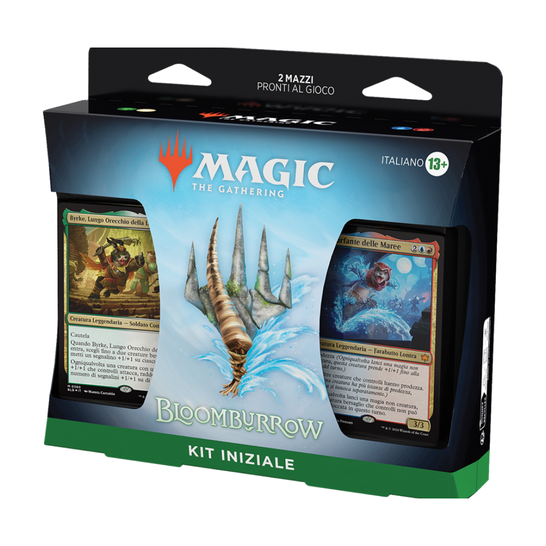 Confezione del Kit Iniziale Bloomburrow per Magic: The Gathering vista laterale.