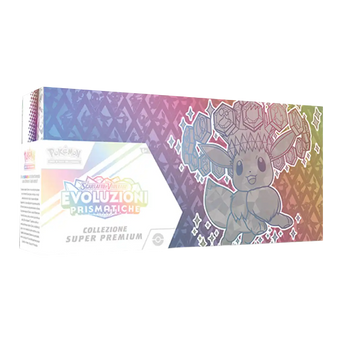 Box Pokémon Evoluzioni Prismatiche Collezione Super Premium con illustrazione di Eevee Teracristal