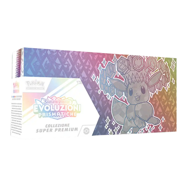 Box Pokémon Evoluzioni Prismatiche Collezione Super Premium con illustrazione di Eevee Teracristal