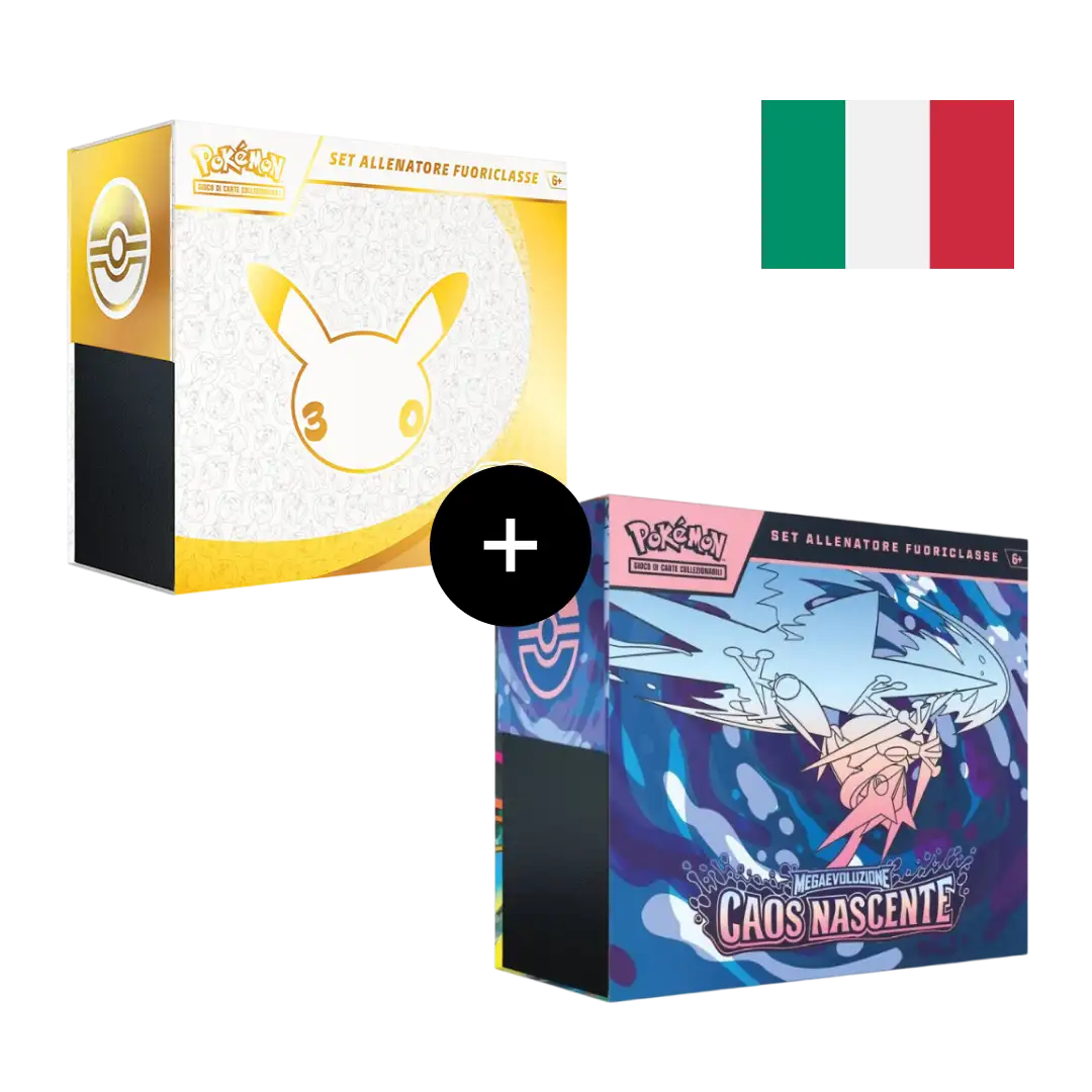 Bundle con i due Set Allenatore Fuoriclasse Pokémon: 30° Anniversario e Megaevoluzione Caos Nascente, edizione italiana
