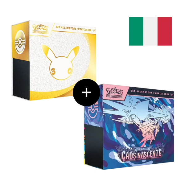 Bundle con i due Set Allenatore Fuoriclasse Pokémon: 30° Anniversario e Megaevoluzione Caos Nascente, edizione italiana