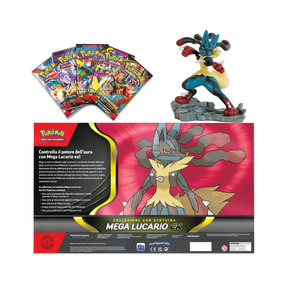 Retro della collezione di Mega Lucario EX con statuina di Mega Lucario e bustine di espansione