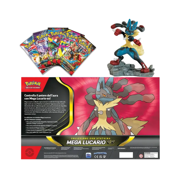 Retro della collezione di Mega Lucario EX con statuina di Mega Lucario e bustine di espansione