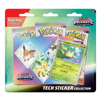 Immagine del prodotto che include una carta promozionale olografica di Leafeon, adesivi tematici a tema Eevee e 3 buste dell'espansione Scarlatto e Violetto: Evoluzioni Prismatiche.
