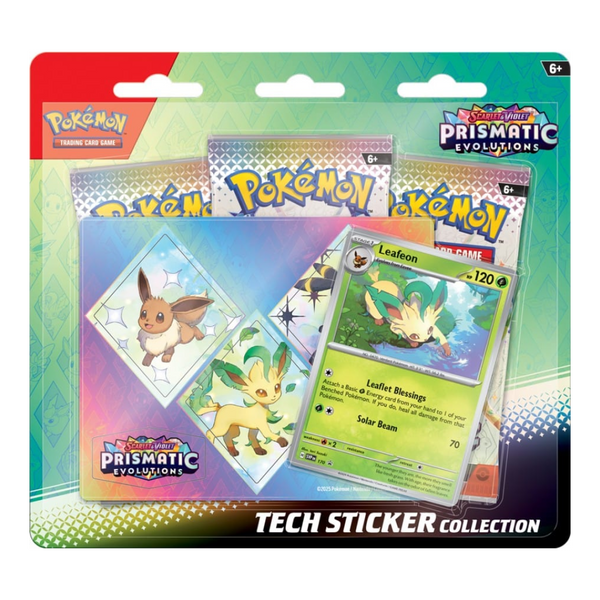 Immagine del prodotto che include una carta promozionale olografica di Leafeon, adesivi tematici a tema Eevee e 3 buste dell'espansione Scarlatto e Violetto: Evoluzioni Prismatiche.