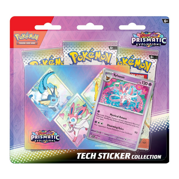 Immagine del prodotto che include una carta promozionale olografica di Sylveon, adesivi decorativi e 3 buste dell'espansione Scarlatto e Violetto: Evoluzioni Prismatiche.